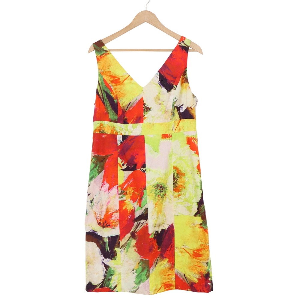Yansi Fugel Floral Sheath Dress Size 12 Multicolor V-Neck Cutout Back Cotton